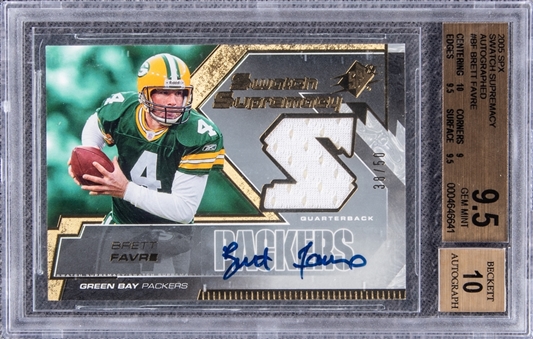 2005 SPx Swatch Supremacy Autographed #BF Brett Favre Signed Patch Card (#30/50) - BGS GEM MINT 9.5/BGS 10 Auto